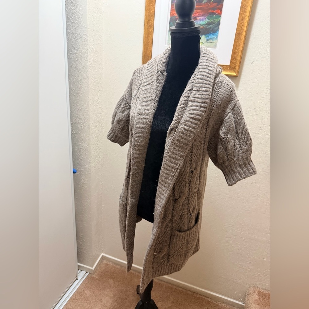 Vince Short Sleeve Cable Knit Cardigan wool & alpaca blend open-front silhouette - Picture 3 of 9